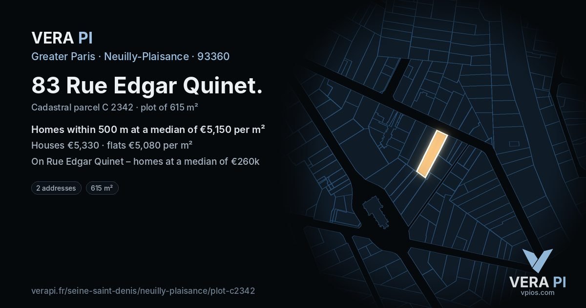 83 Rue Edgar Quinet, Neuilly-Plaisance at night – the plot lit, the parcels around coloured by the prices near them