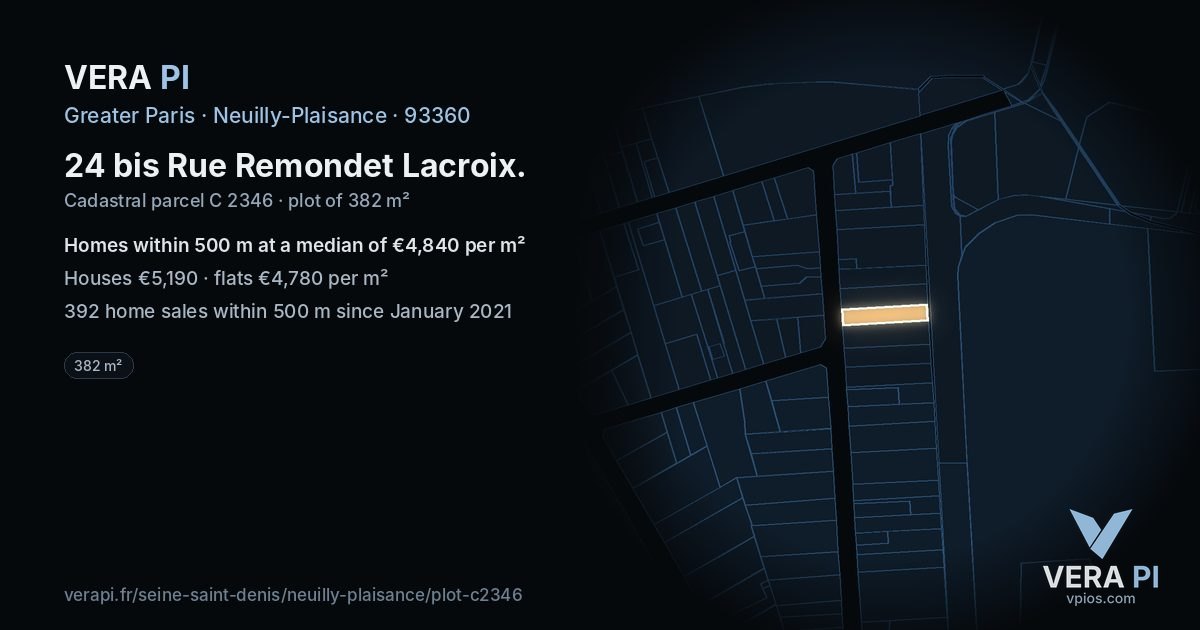 24 bis Rue Remondet Lacroix, Neuilly-Plaisance at night – the plot lit, the parcels around coloured by the prices near them