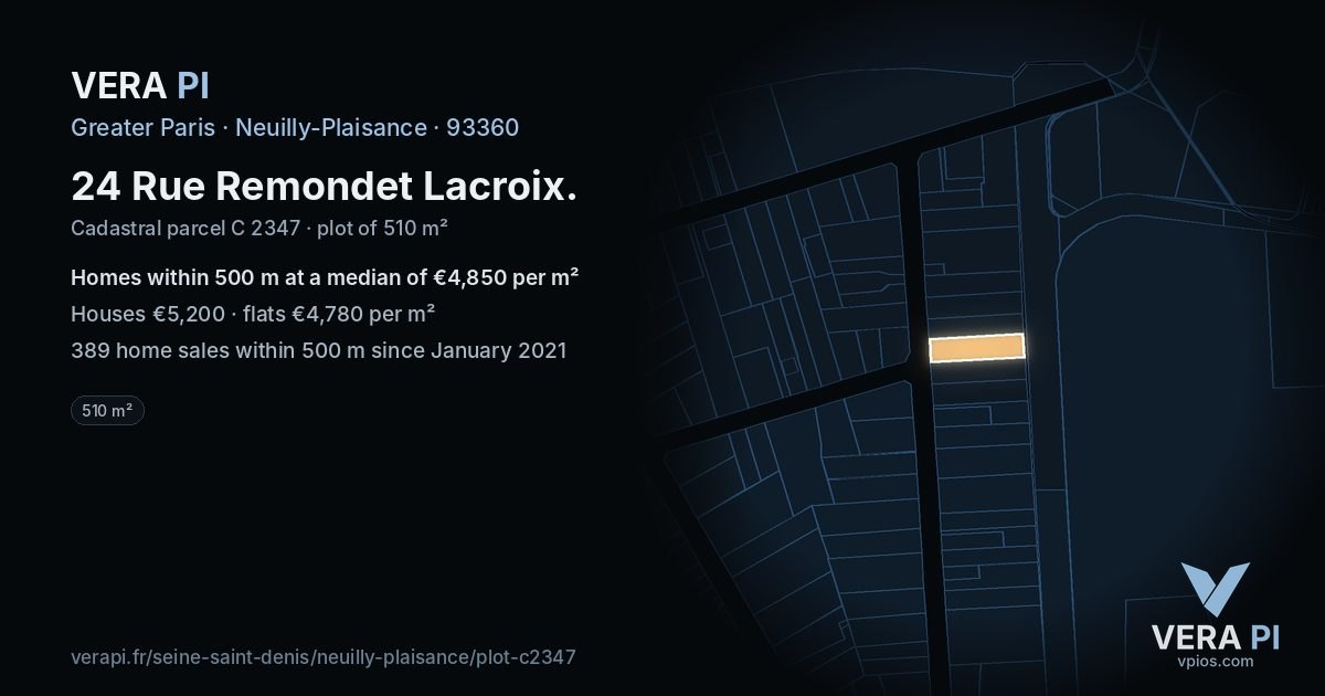 24 Rue Remondet Lacroix, Neuilly-Plaisance at night – the plot lit, the parcels around coloured by the prices near them