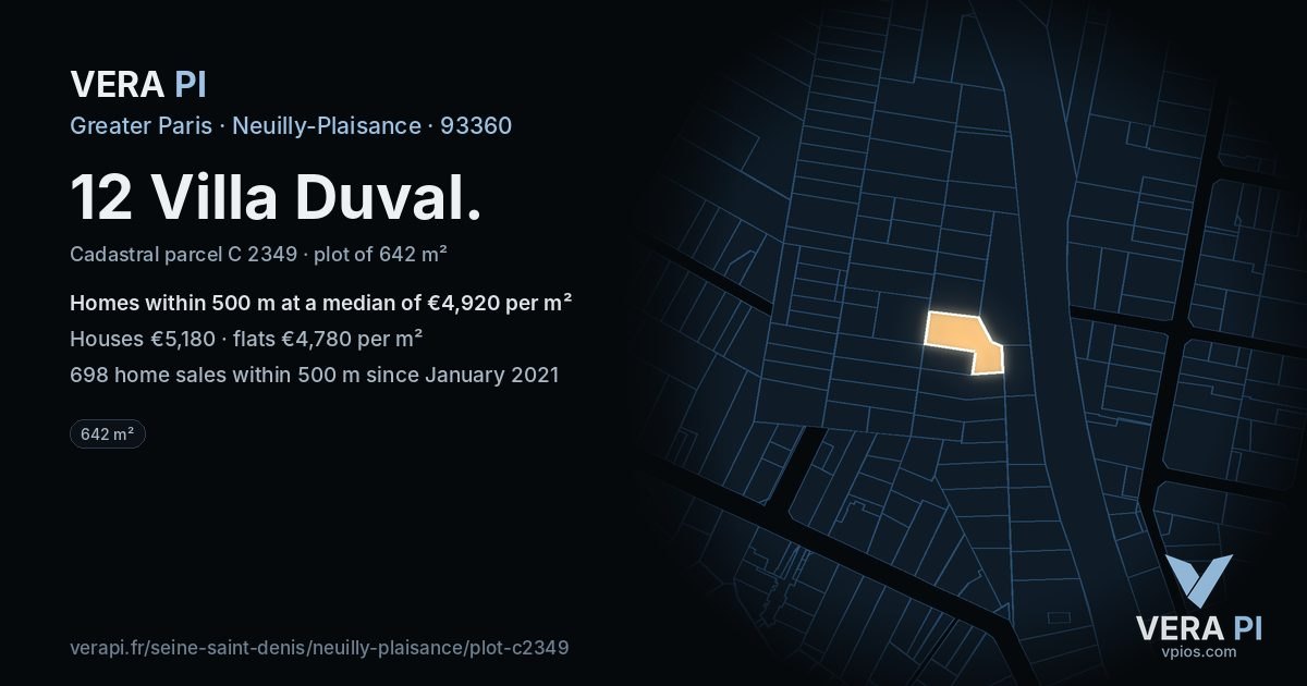 12 Villa Duval, Neuilly-Plaisance at night – the plot lit, the parcels around coloured by the prices near them