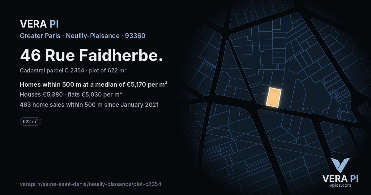 46 Rue Faidherbe, Neuilly-Plaisance at night – the plot lit, the parcels around coloured by the prices near them