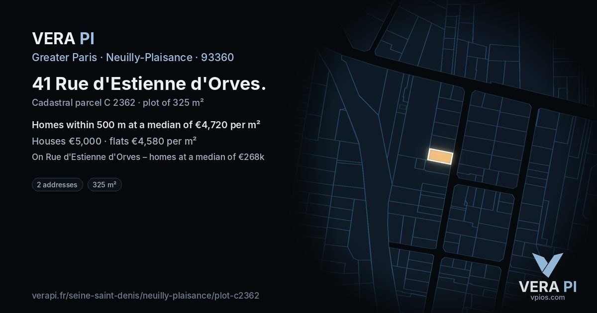 41 Rue d'Estienne d'Orves, Neuilly-Plaisance at night – the plot lit, the parcels around coloured by the prices near them
