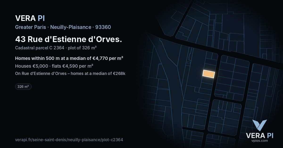 43 Rue d'Estienne d'Orves, Neuilly-Plaisance at night – the plot lit, the parcels around coloured by the prices near them