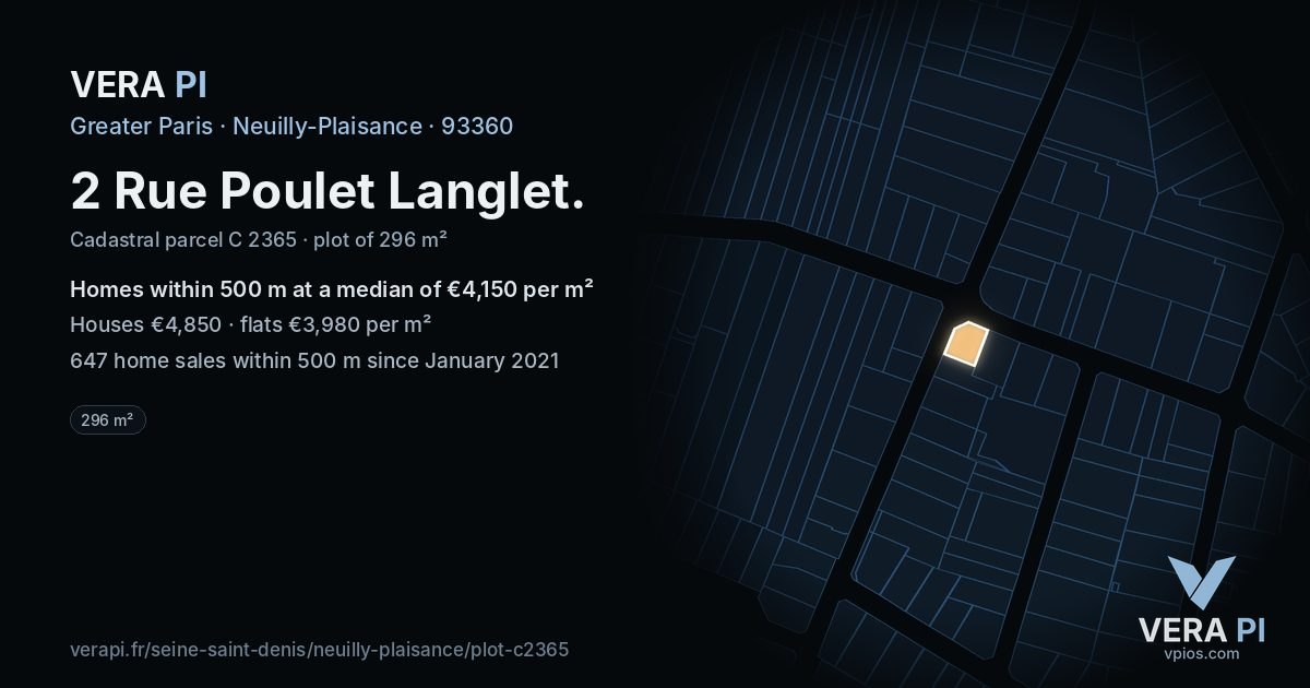 2 Rue Poulet Langlet, Neuilly-Plaisance at night – the plot lit, the parcels around coloured by the prices near them