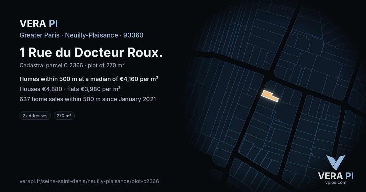 1 Rue du Docteur Roux, Neuilly-Plaisance at night – the plot lit, the parcels around coloured by the prices near them