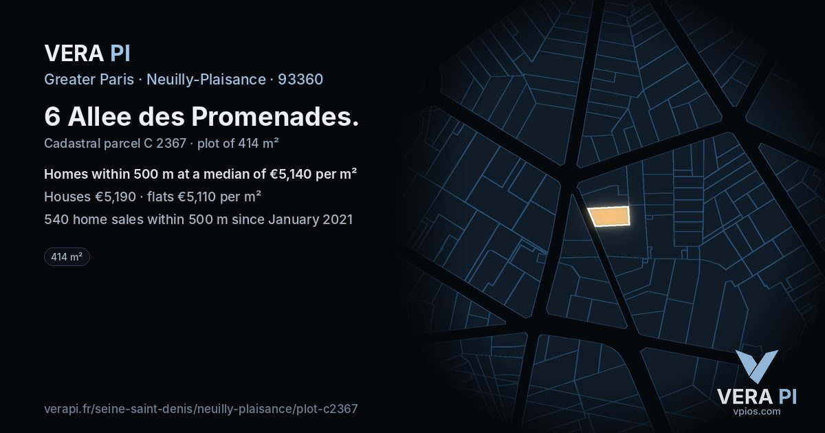 6 Allee des Promenades, Neuilly-Plaisance at night – the plot lit, the parcels around coloured by the prices near them