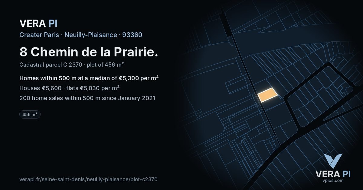 8 Chemin de la Prairie, Neuilly-Plaisance at night – the plot lit, the parcels around coloured by the prices near them