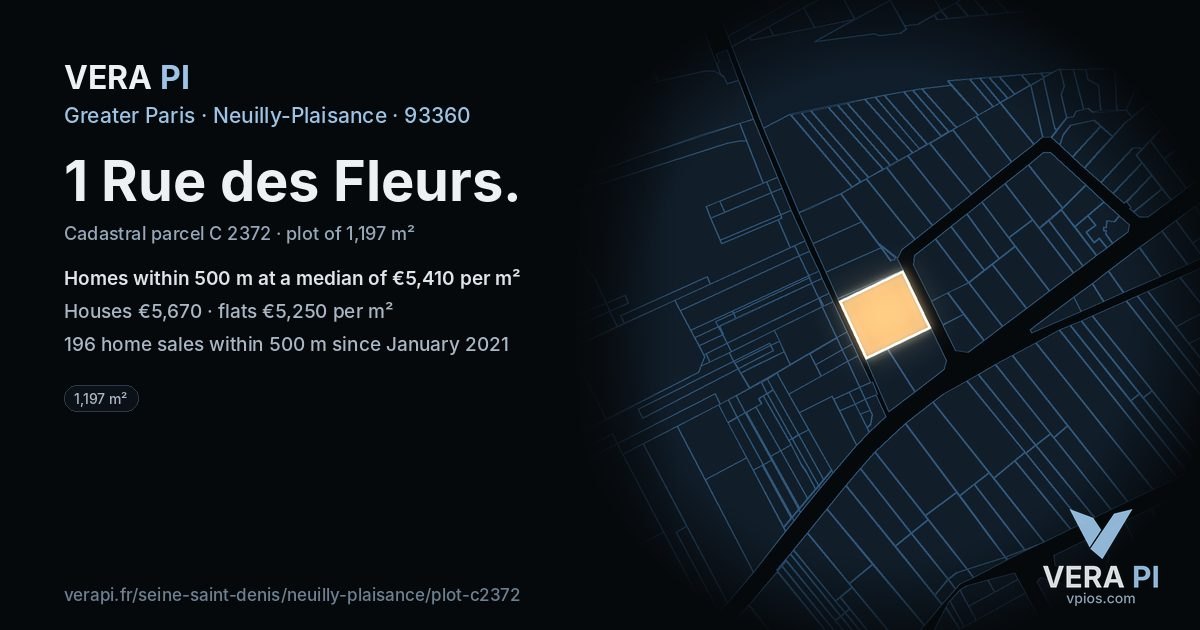 1 Rue des Fleurs, Neuilly-Plaisance at night – the plot lit, the parcels around coloured by the prices near them
