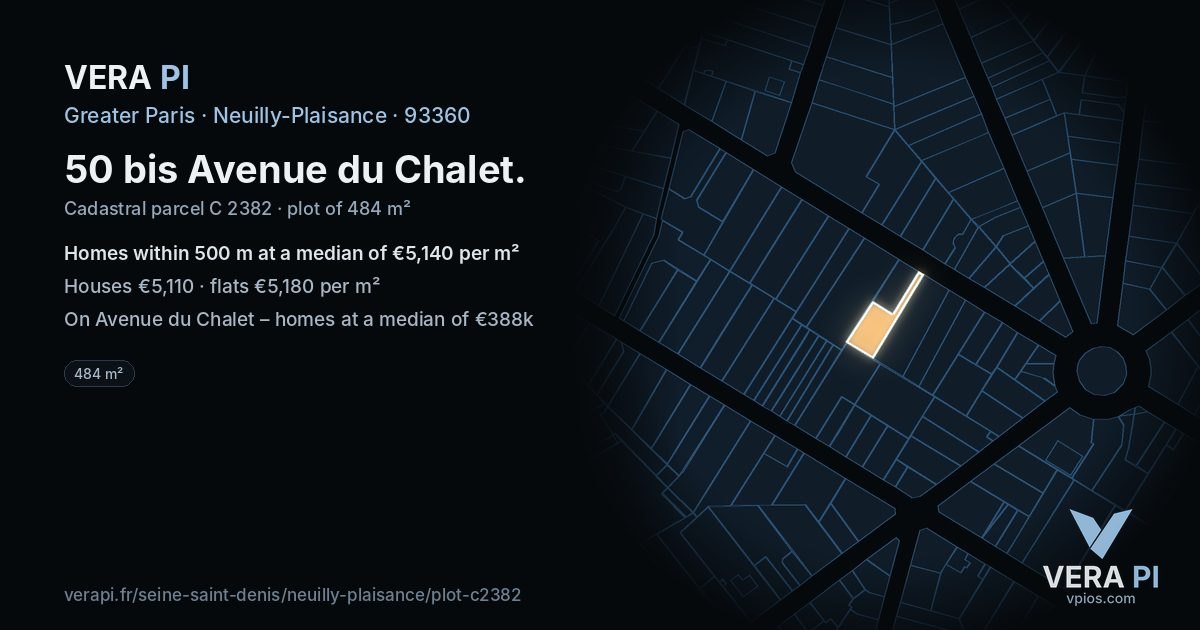 50 bis Avenue du Chalet, Neuilly-Plaisance at night – the plot lit, the parcels around coloured by the prices near them