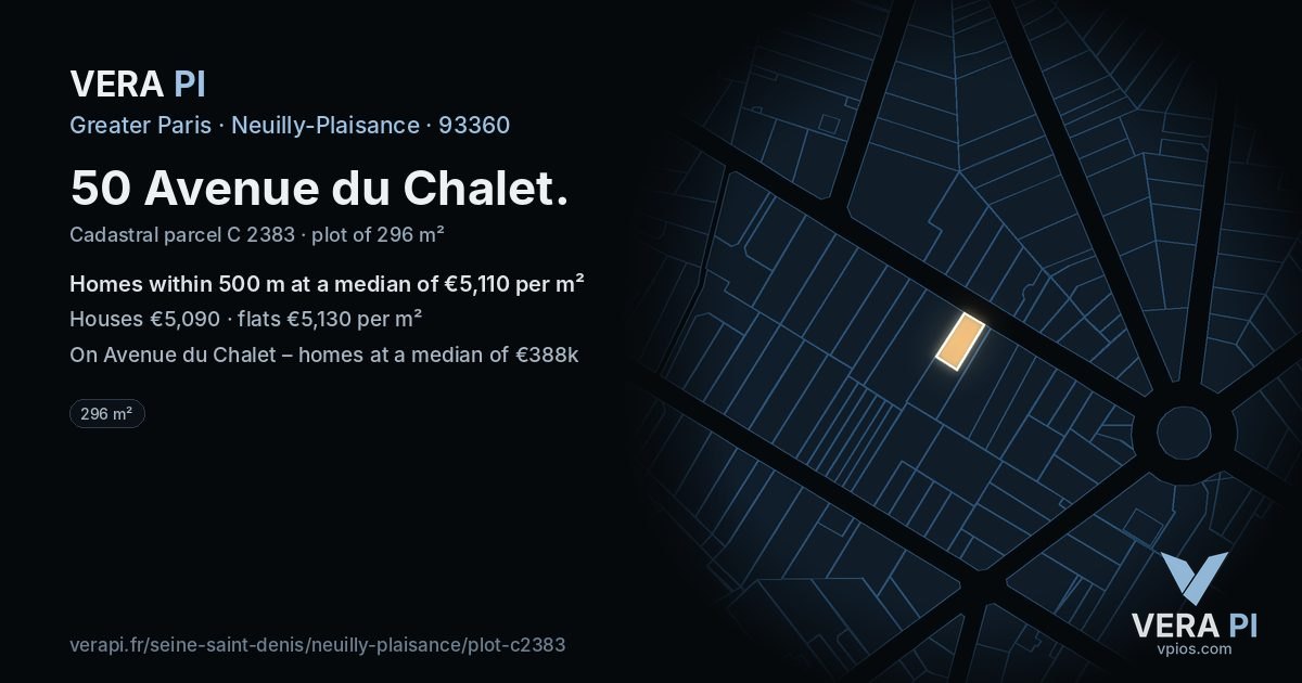 50 Avenue du Chalet, Neuilly-Plaisance at night – the plot lit, the parcels around coloured by the prices near them