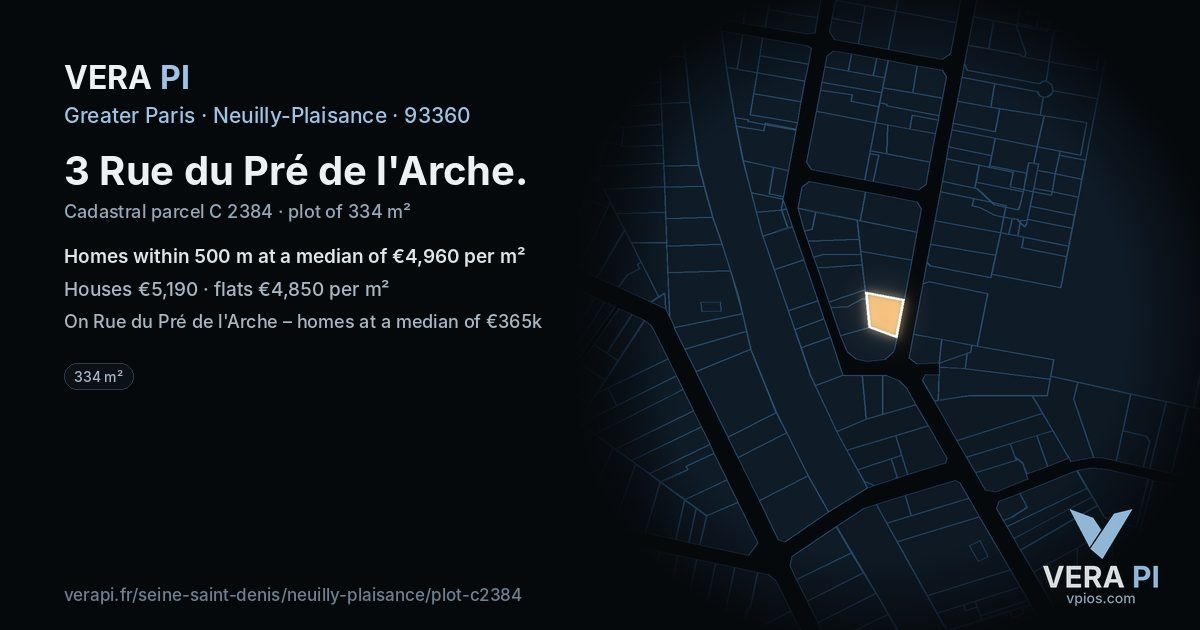 3 Rue du Pré de l'Arche, Neuilly-Plaisance at night – the plot lit, the parcels around coloured by the prices near them