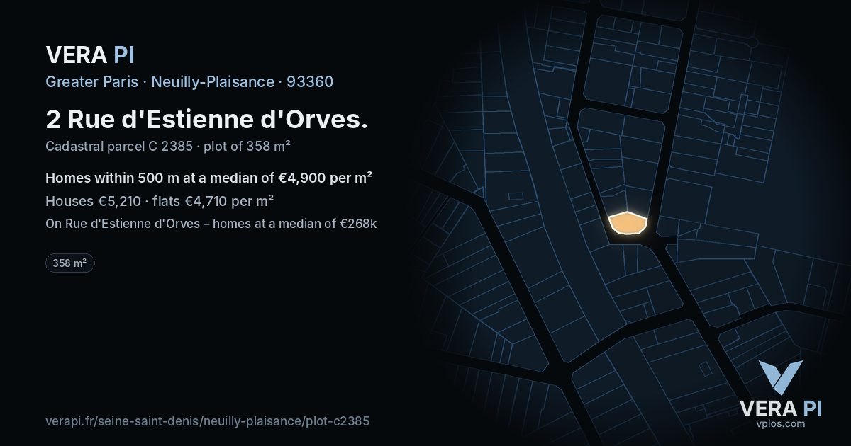2 Rue d'Estienne d'Orves, Neuilly-Plaisance at night – the plot lit, the parcels around coloured by the prices near them