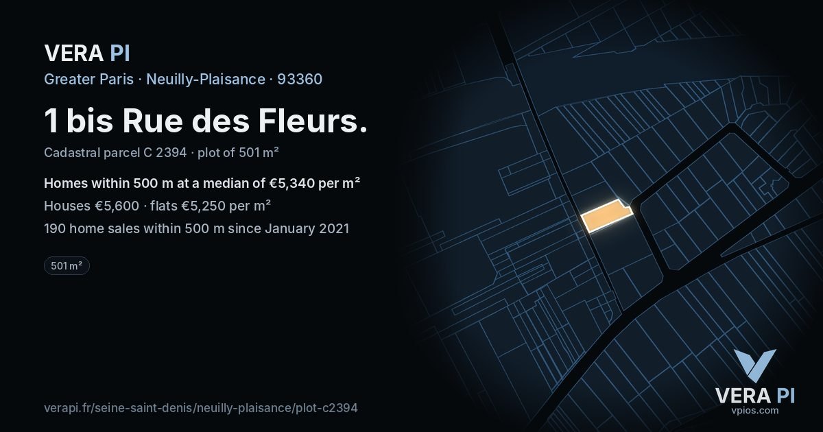 1 bis Rue des Fleurs, Neuilly-Plaisance at night – the plot lit, the parcels around coloured by the prices near them