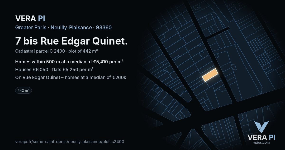 7 bis Rue Edgar Quinet, Neuilly-Plaisance at night – the plot lit, the parcels around coloured by the prices near them