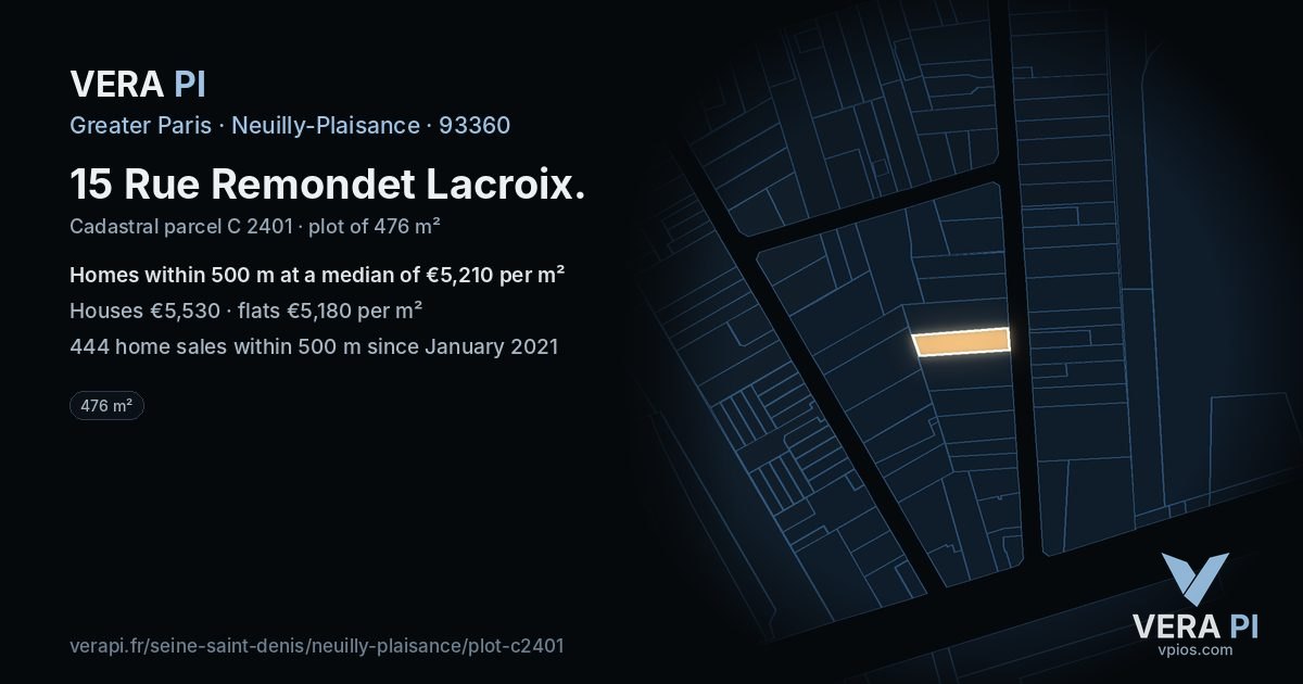 15 Rue Remondet Lacroix, Neuilly-Plaisance at night – the plot lit, the parcels around coloured by the prices near them