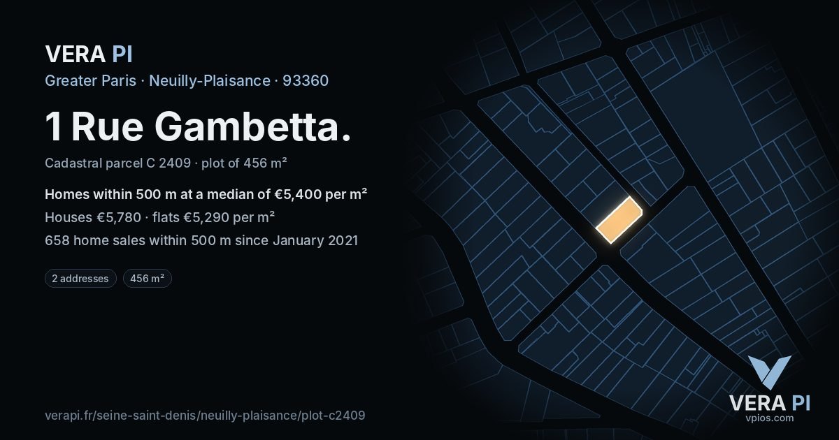 1 Rue Gambetta, Neuilly-Plaisance at night – the plot lit, the parcels around coloured by the prices near them