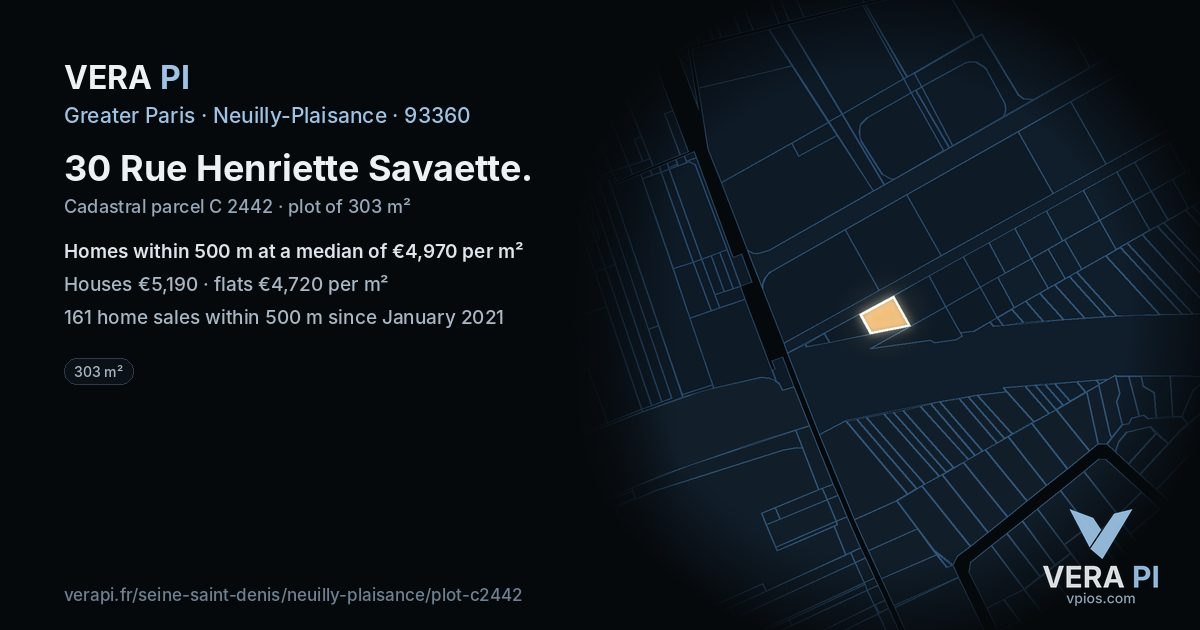 30 Rue Henriette Savaette, Neuilly-Plaisance at night – the plot lit, the parcels around coloured by the prices near them