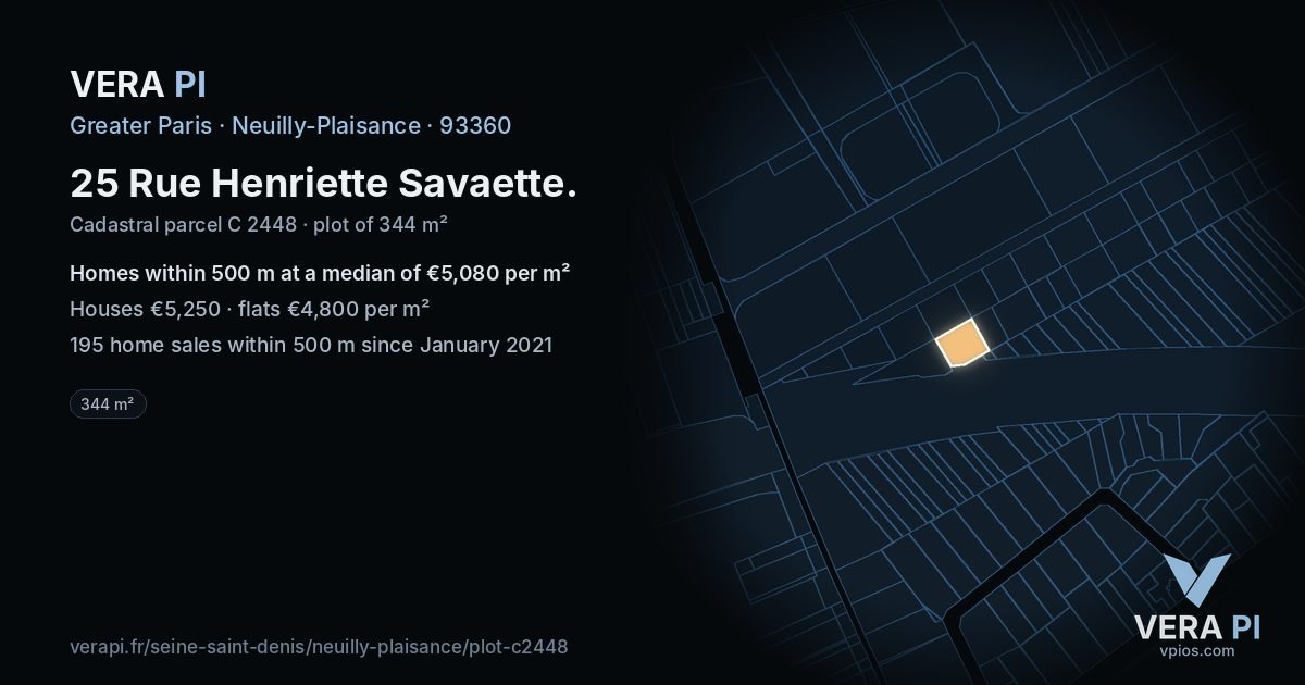 25 Rue Henriette Savaette, Neuilly-Plaisance at night – the plot lit, the parcels around coloured by the prices near them