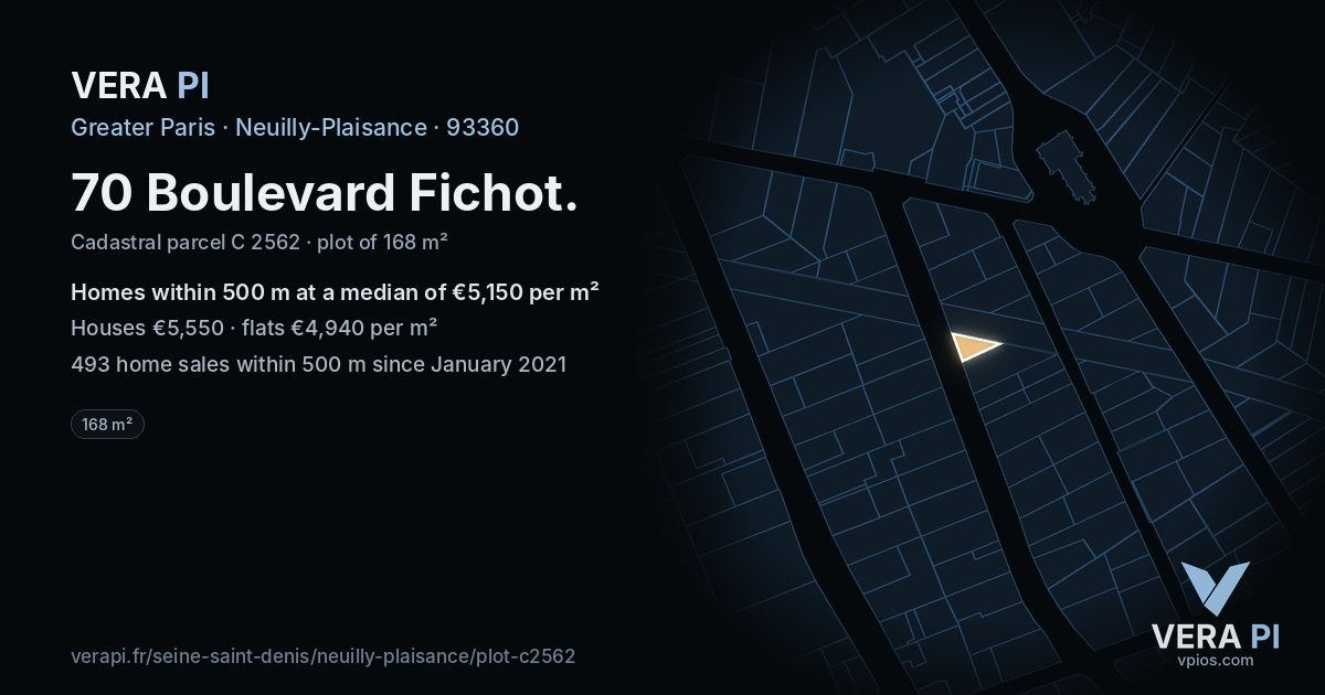 70 Boulevard Fichot, Neuilly-Plaisance at night – the plot lit, the parcels around coloured by the prices near them