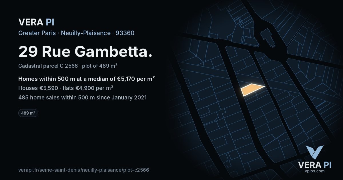 29 Rue Gambetta, Neuilly-Plaisance at night – the plot lit, the parcels around coloured by the prices near them