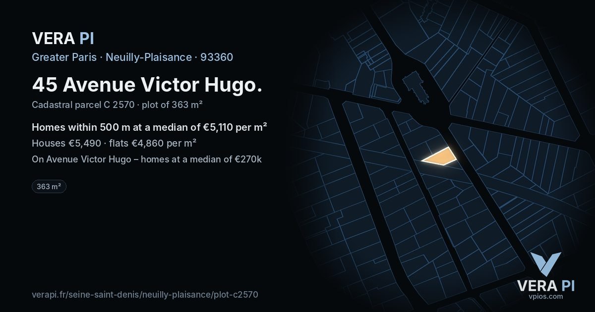 45 Avenue Victor Hugo, Neuilly-Plaisance at night – the plot lit, the parcels around coloured by the prices near them