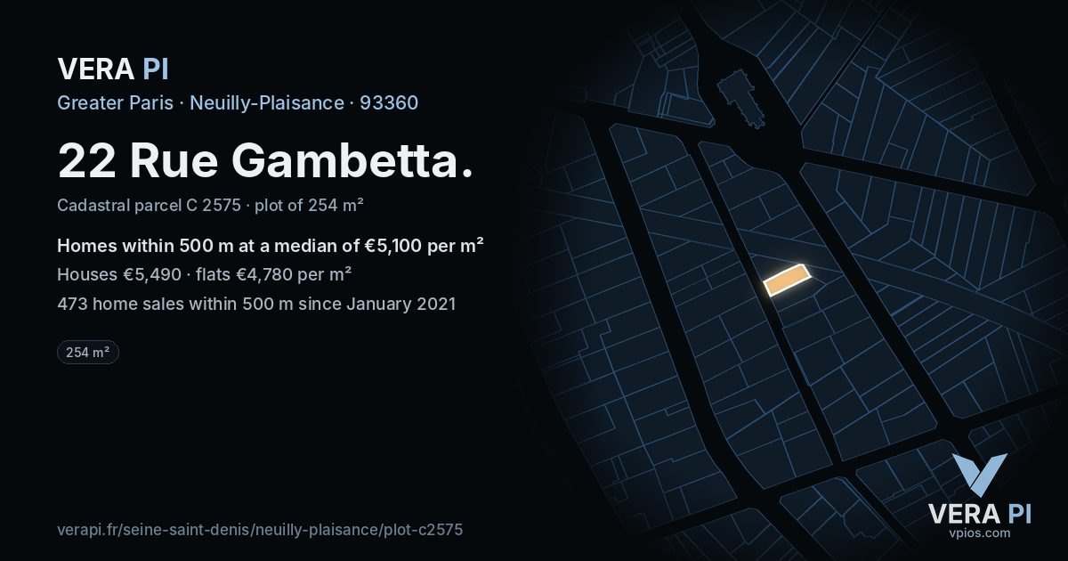22 Rue Gambetta, Neuilly-Plaisance at night – the plot lit, the parcels around coloured by the prices near them