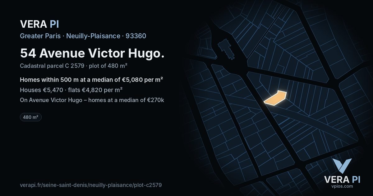 54 Avenue Victor Hugo, Neuilly-Plaisance at night – the plot lit, the parcels around coloured by the prices near them