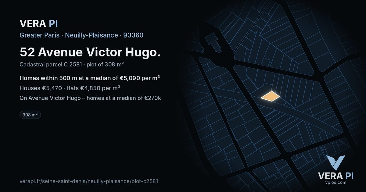 52 Avenue Victor Hugo, Neuilly-Plaisance at night – the plot lit, the parcels around coloured by the prices near them