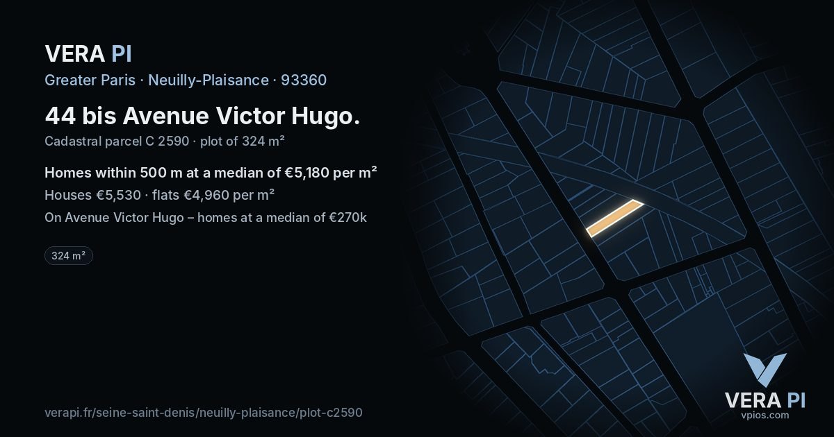 44 bis Avenue Victor Hugo, Neuilly-Plaisance at night – the plot lit, the parcels around coloured by the prices near them