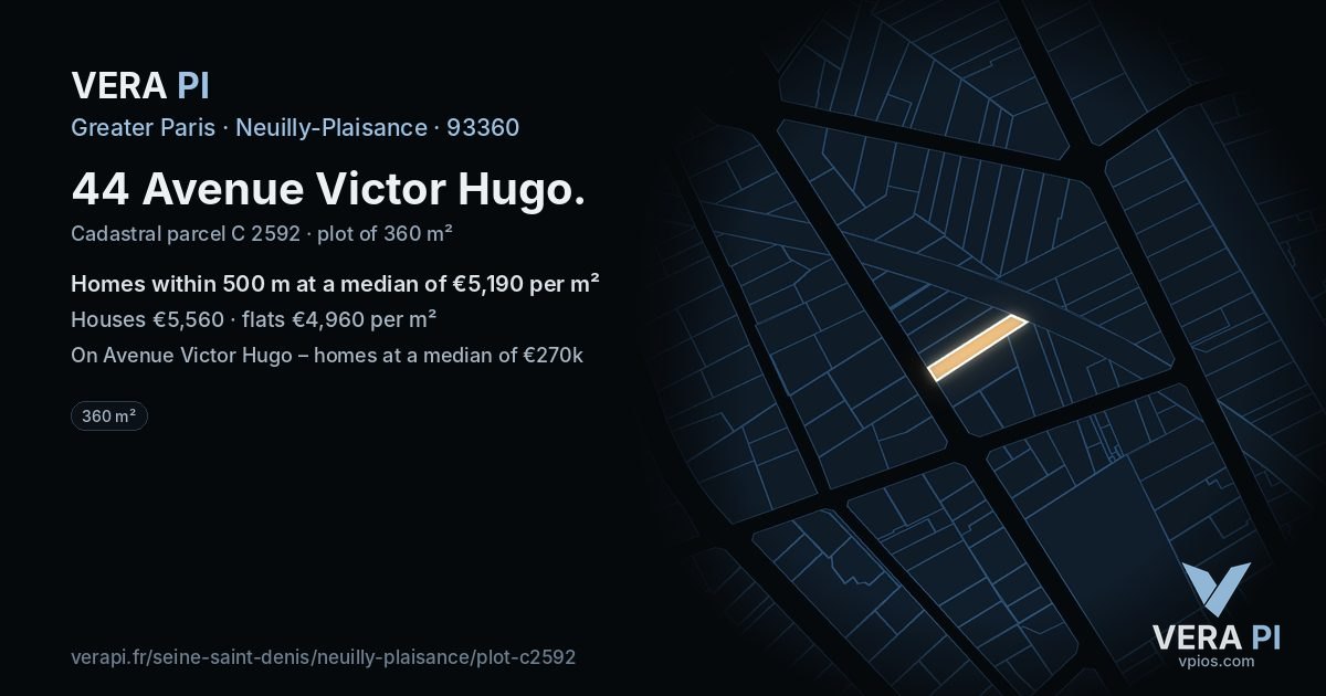 44 Avenue Victor Hugo, Neuilly-Plaisance at night – the plot lit, the parcels around coloured by the prices near them