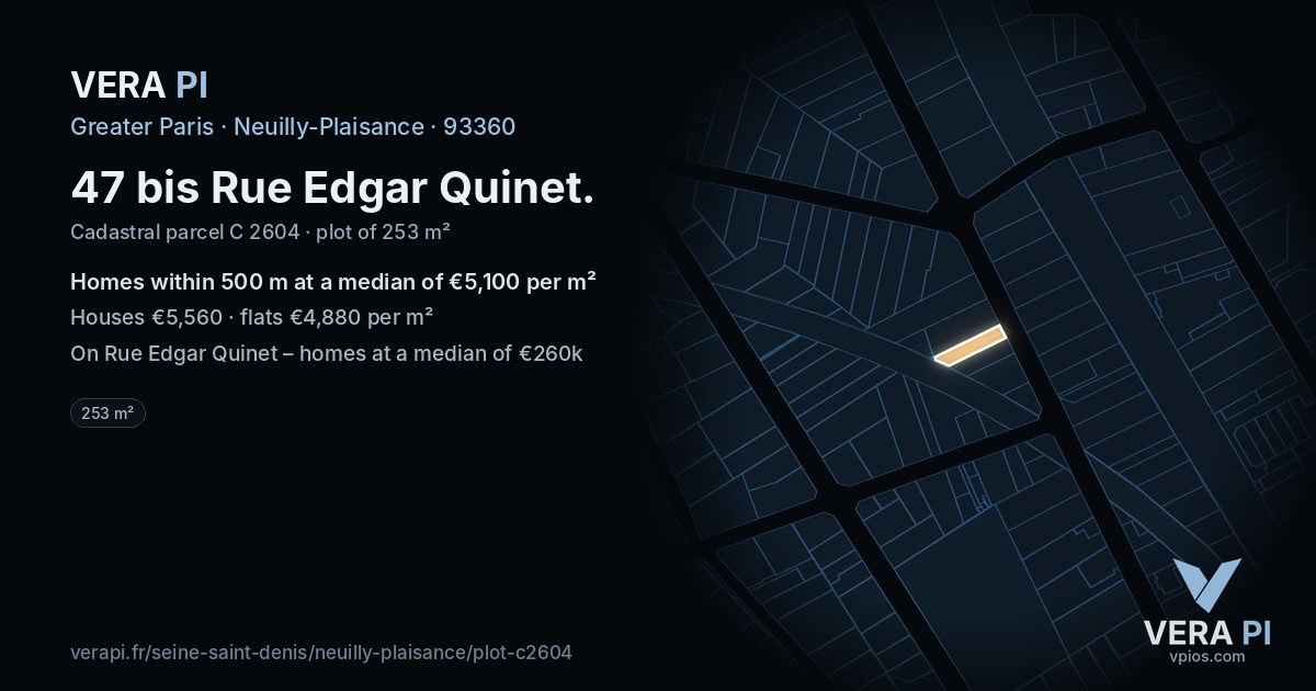 47 bis Rue Edgar Quinet, Neuilly-Plaisance at night – the plot lit, the parcels around coloured by the prices near them