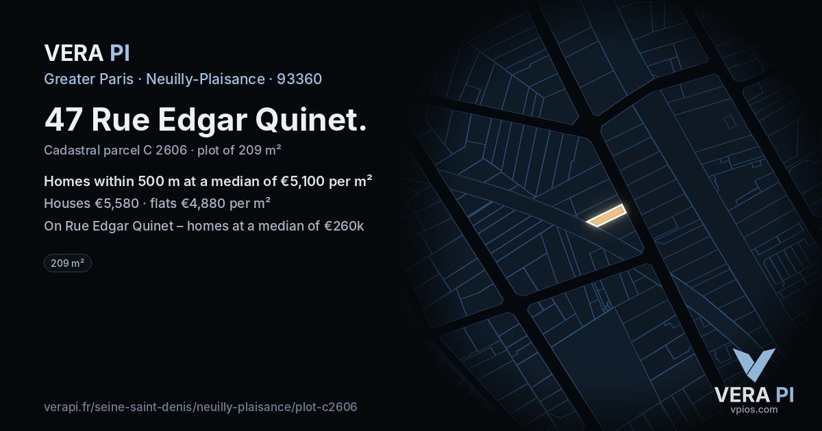47 Rue Edgar Quinet, Neuilly-Plaisance at night – the plot lit, the parcels around coloured by the prices near them