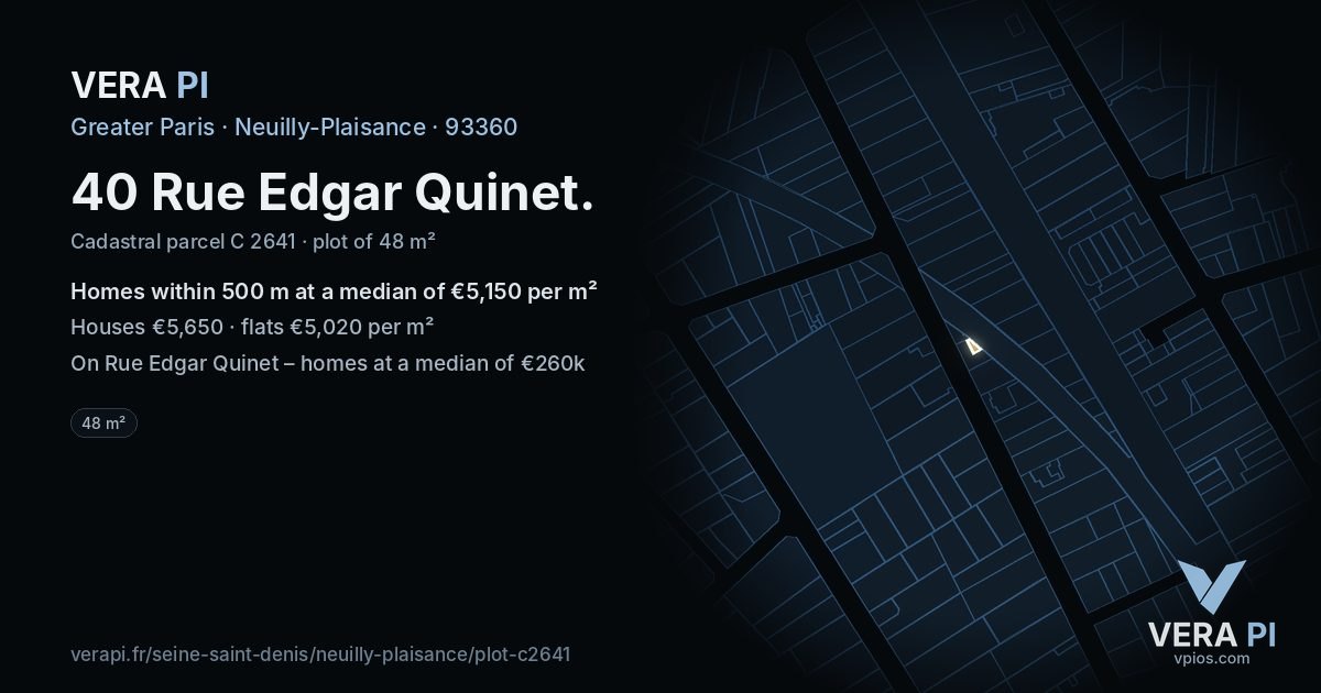 40 Rue Edgar Quinet, Neuilly-Plaisance at night – the plot lit, the parcels around coloured by the prices near them