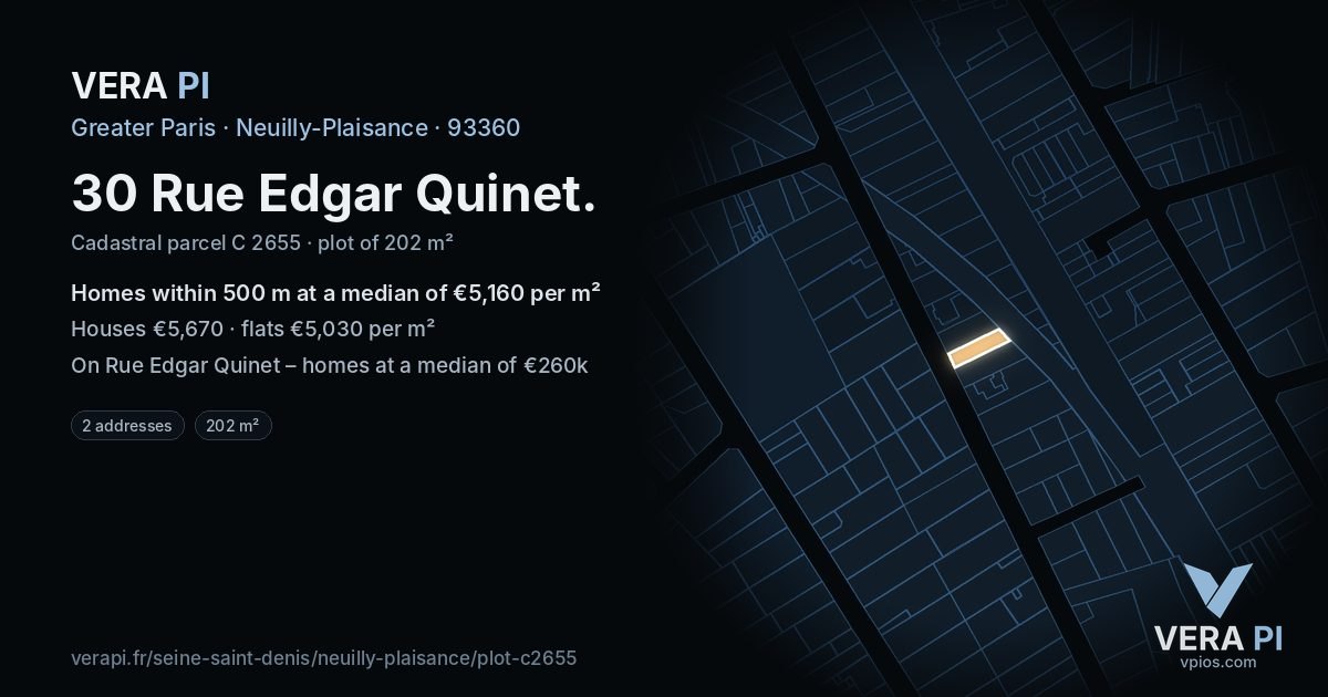 30 Rue Edgar Quinet, Neuilly-Plaisance at night – the plot lit, the parcels around coloured by the prices near them