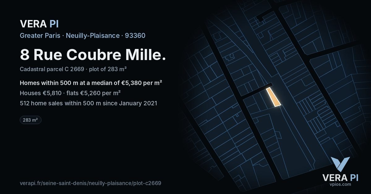 8 Rue Coubre Mille, Neuilly-Plaisance at night – the plot lit, the parcels around coloured by the prices near them