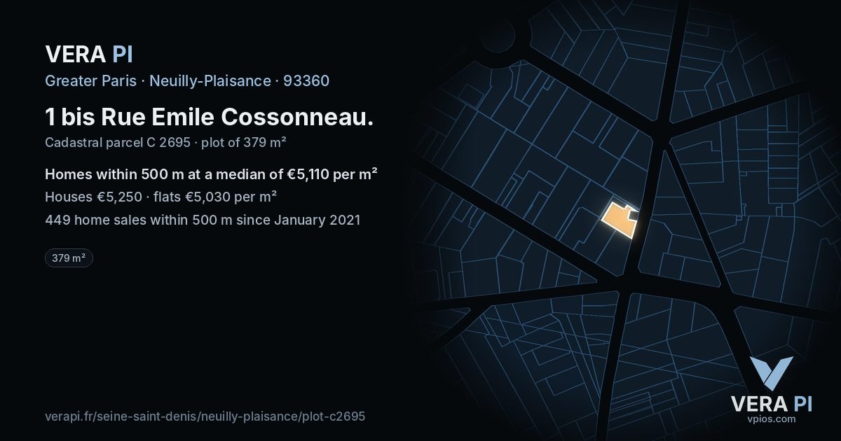 1 bis Rue Emile Cossonneau, Neuilly-Plaisance at night – the plot lit, the parcels around coloured by the prices near them