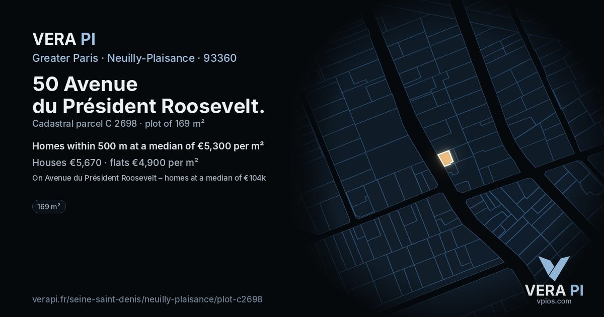 50 Avenue du Président Roosevelt, Neuilly-Plaisance at night – the plot lit, the parcels around coloured by the prices near them