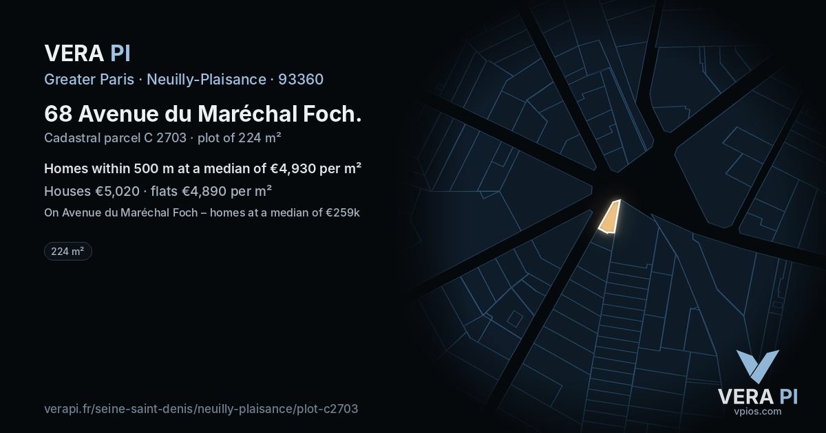 68 Avenue du Maréchal Foch, Neuilly-Plaisance at night – the plot lit, the parcels around coloured by the prices near them