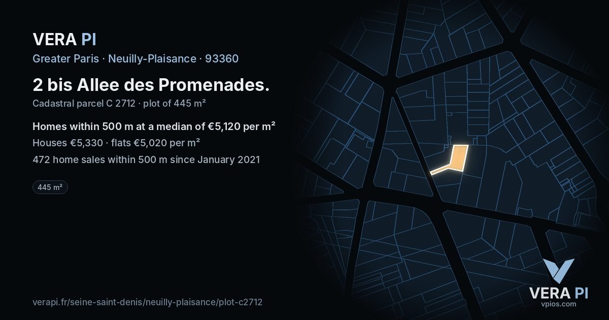 2 bis Allee des Promenades, Neuilly-Plaisance at night – the plot lit, the parcels around coloured by the prices near them