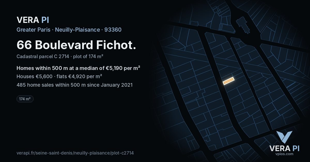 66 Boulevard Fichot, Neuilly-Plaisance at night – the plot lit, the parcels around coloured by the prices near them