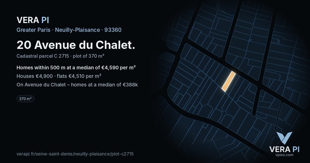 20 Avenue du Chalet, Neuilly-Plaisance at night – the plot lit, the parcels around coloured by the prices near them