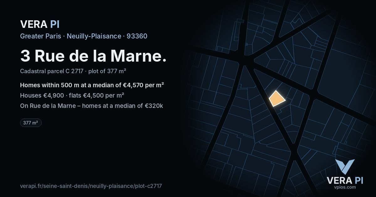3 Rue de la Marne, Neuilly-Plaisance at night – the plot lit, the parcels around coloured by the prices near them