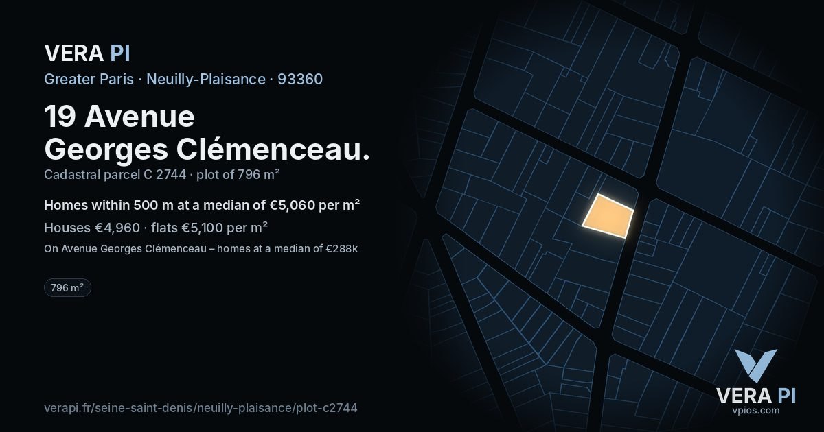 19 Avenue Georges Clémenceau, Neuilly-Plaisance at night – the plot lit, the parcels around coloured by the prices near them