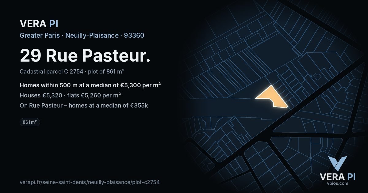 29 Rue Pasteur, Neuilly-Plaisance at night – the plot lit, the parcels around coloured by the prices near them