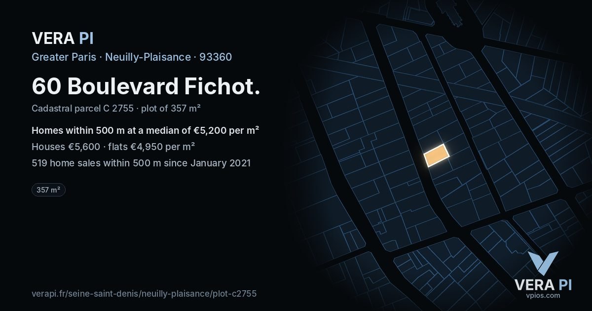 60 Boulevard Fichot, Neuilly-Plaisance at night – the plot lit, the parcels around coloured by the prices near them