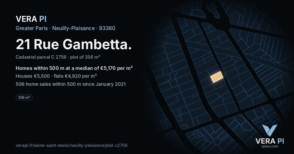 21 Rue Gambetta, Neuilly-Plaisance at night – the plot lit, the parcels around coloured by the prices near them