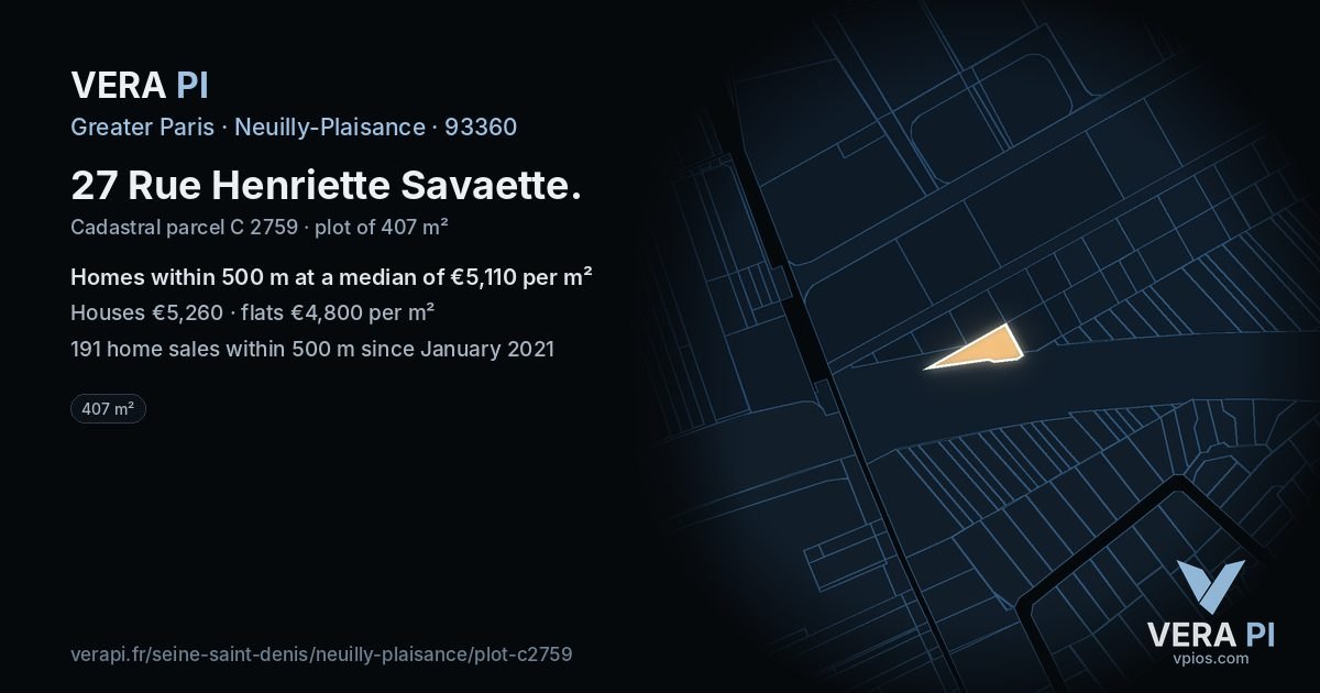 27 Rue Henriette Savaette, Neuilly-Plaisance at night – the plot lit, the parcels around coloured by the prices near them
