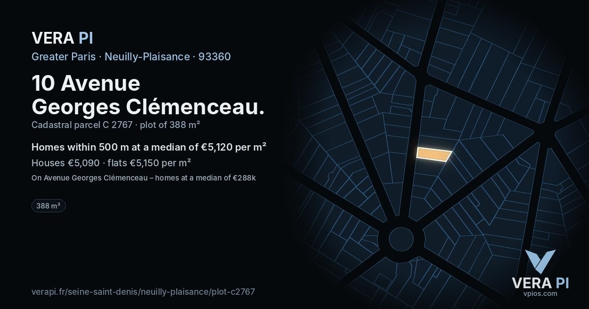 10 Avenue Georges Clémenceau, Neuilly-Plaisance at night – the plot lit, the parcels around coloured by the prices near them