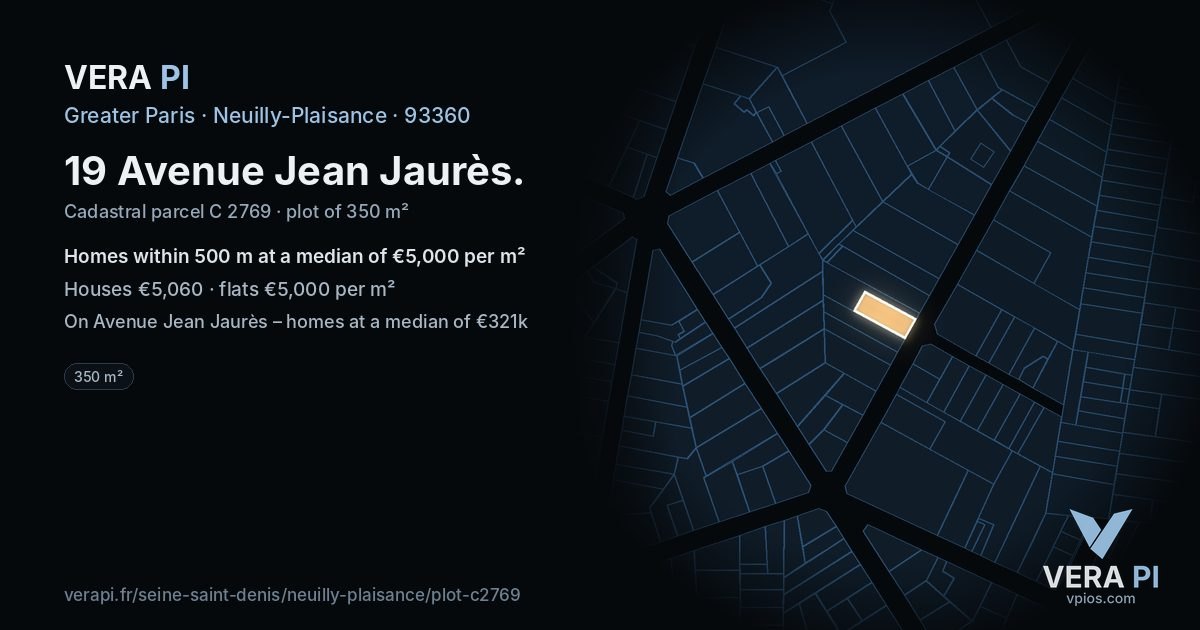 19 Avenue Jean Jaurès, Neuilly-Plaisance at night – the plot lit, the parcels around coloured by the prices near them