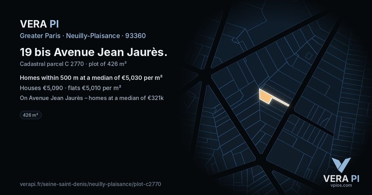 19 bis Avenue Jean Jaurès, Neuilly-Plaisance at night – the plot lit, the parcels around coloured by the prices near them